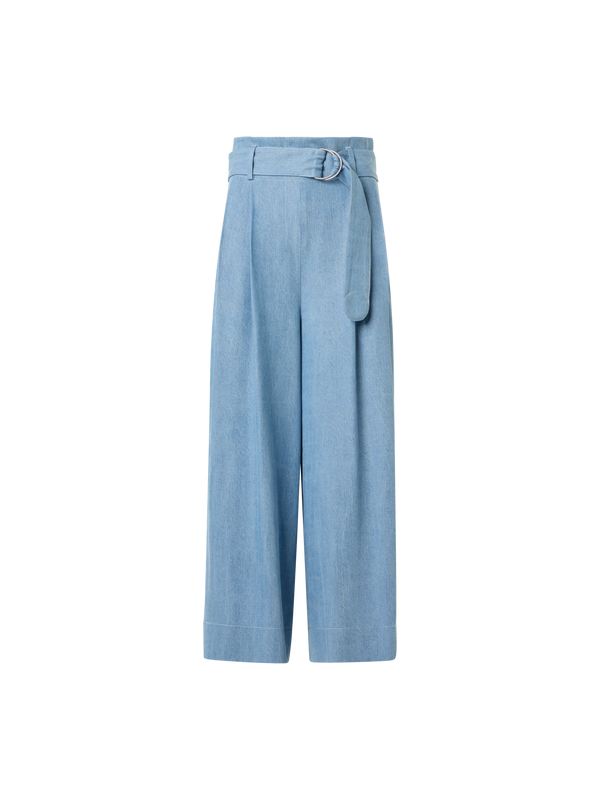 Designer Fiorella Wide Leg Pleated Culotte Denim Pants - blue
