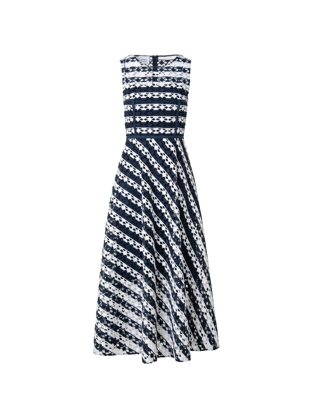 Designer Midi Dress in Stripe Embroidery - navy - blue - multicolor - ecru