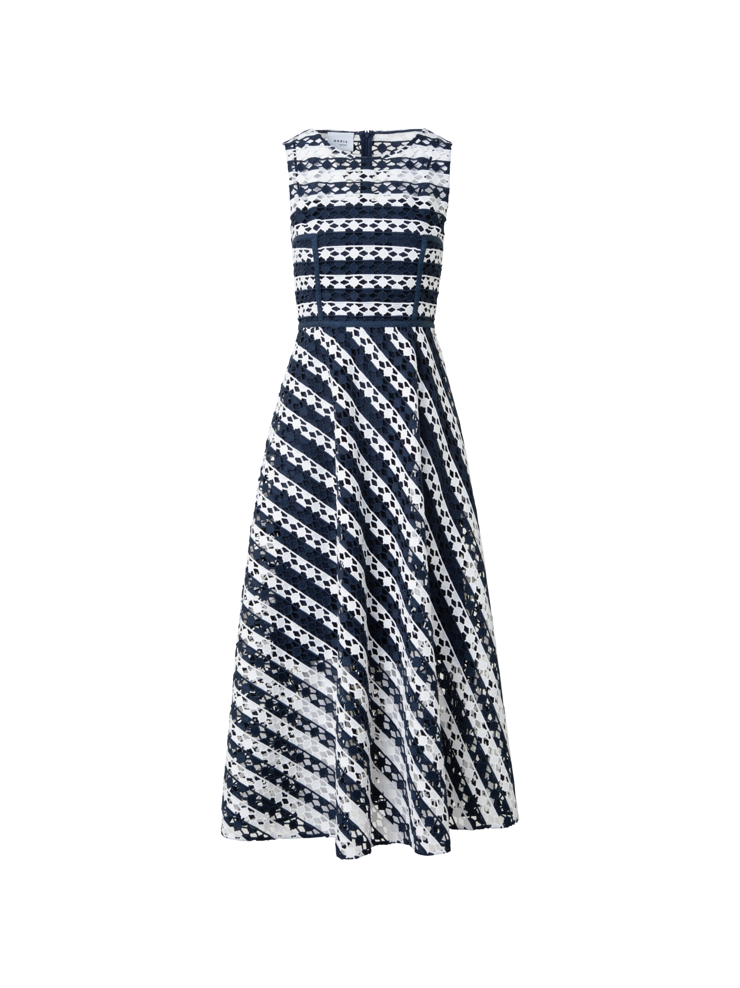 Designer Midi Dress in Stripe Embroidery - navy - blue - multicolor - ecru