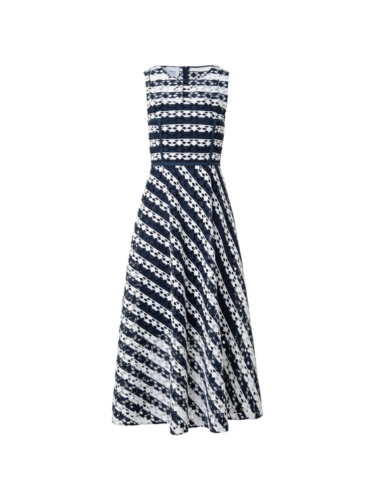 Designer Midi Dress in Stripe Embroidery - navy - blue - multicolor - ecru