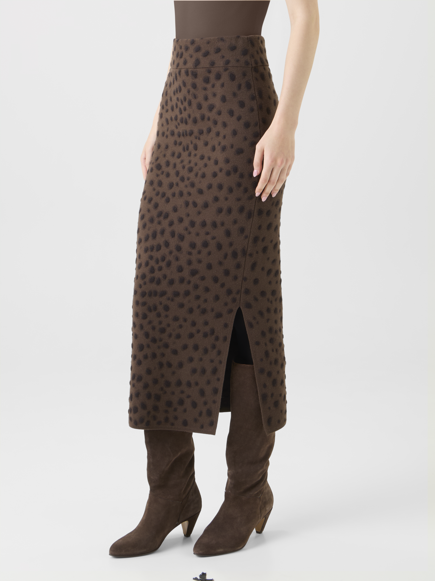 Designer Merino Wool Knit Tube Skirt in Leopard Jacquard - neutral - brown 