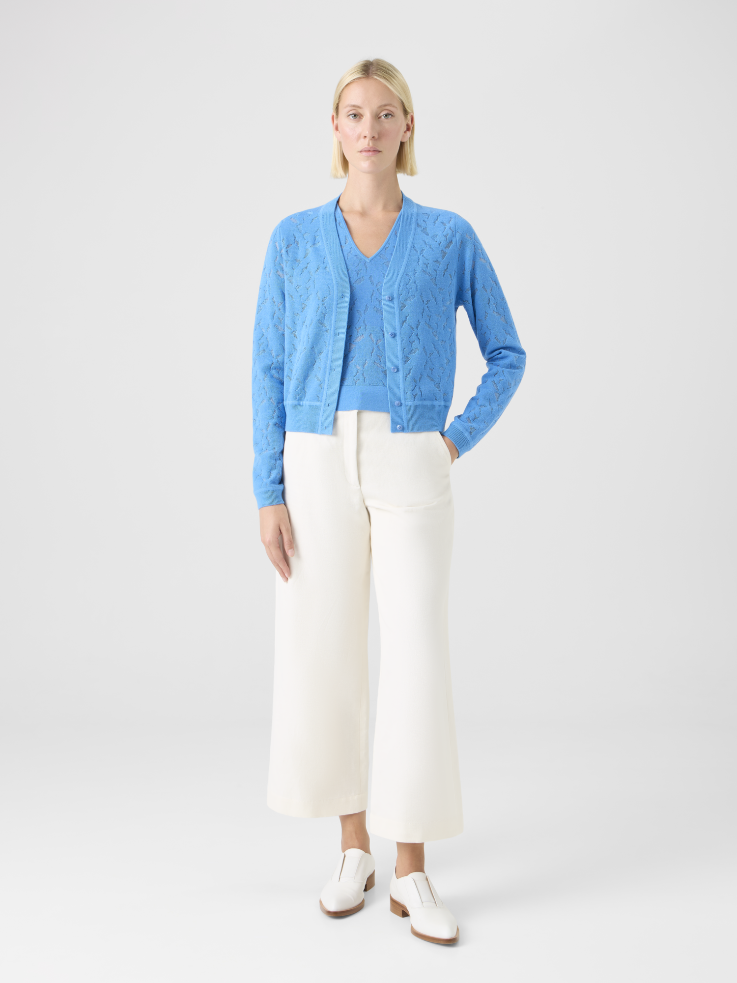 Designer Wool-Silk Whitecaps Intarsia Cardigan - blue 