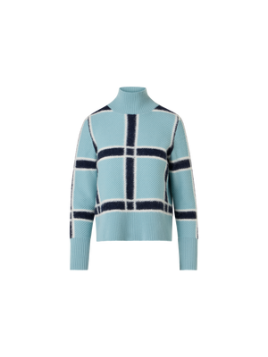 Designer Wool Cashmere Sweater with Intarsia Plaid - blue