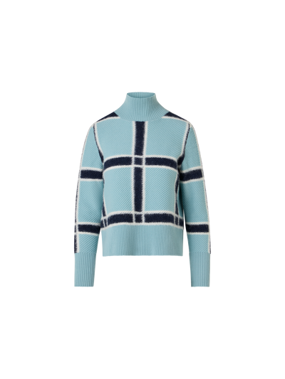 Designer Wool Cashmere Sweater with Intarsia Plaid - blue