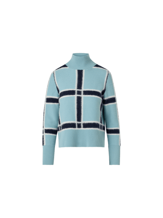 Designer Wool Cashmere Sweater with Intarsia Plaid - blue