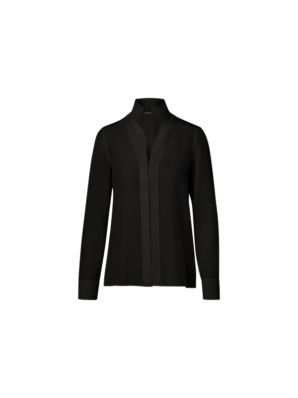 Designer Long Sleeve Silk Blouse with Stand-up Collar - black