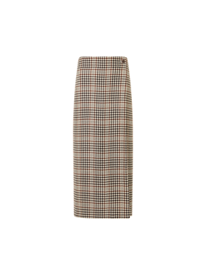 Designer Midi Wrap Skirt in Check Tweed - brown - ecru - multicolor