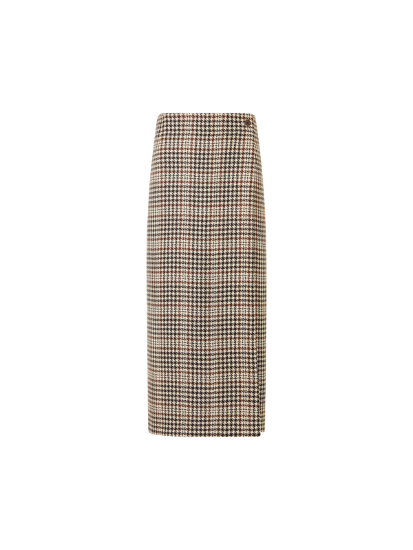 Designer Midi Wrap Skirt in Check Tweed - brown - ecru - multicolor