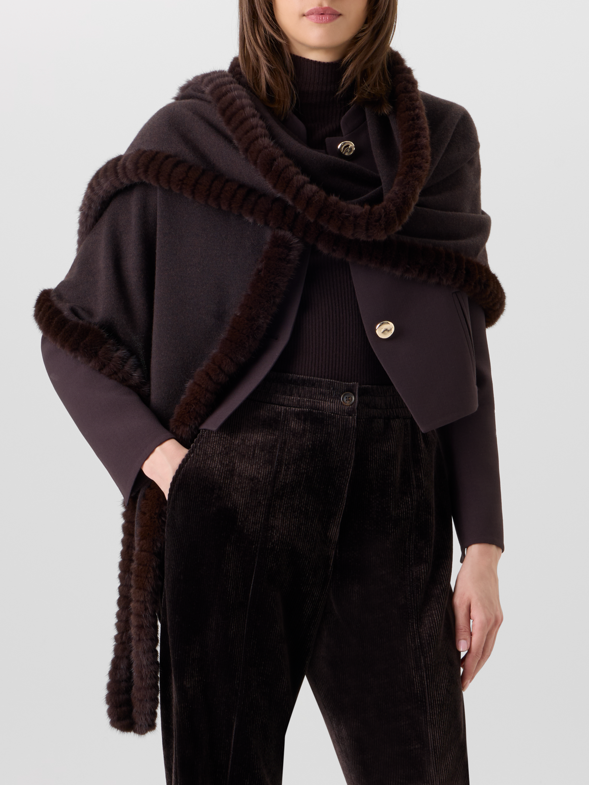 Designer Cashmere Silk Scarf with Mink Trim - brown 