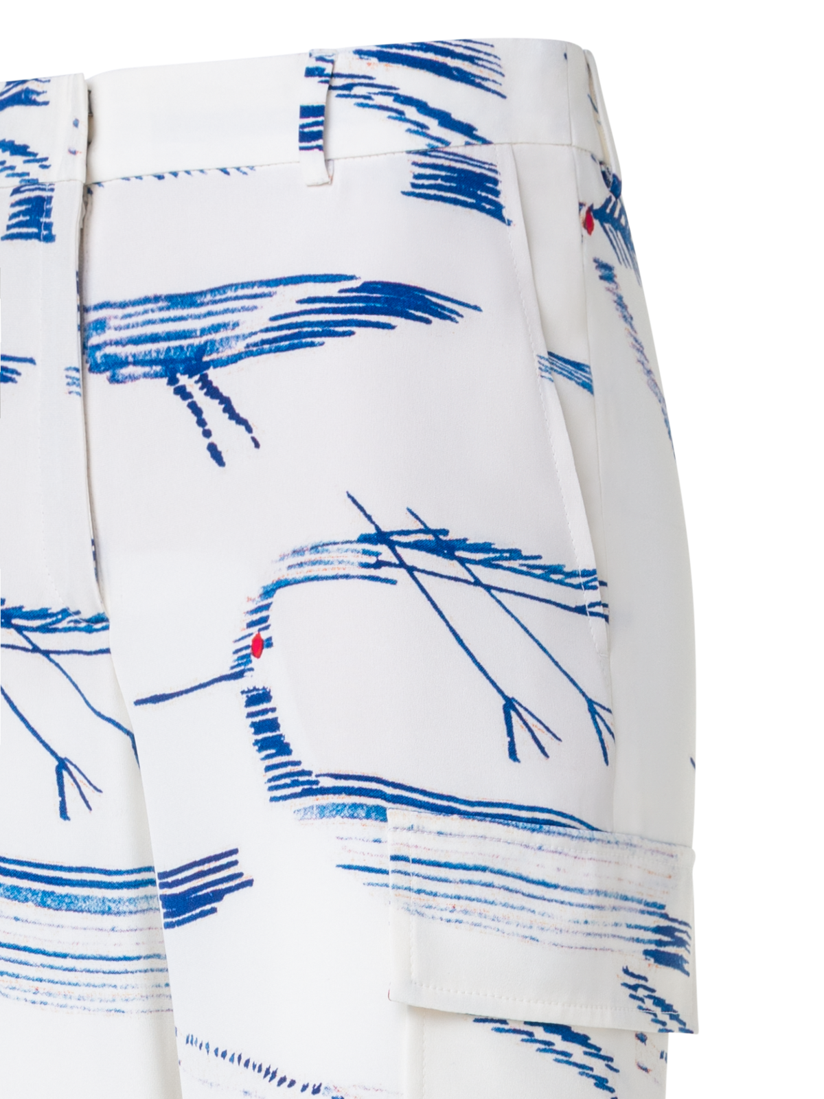 Designer Silk Cargo Pants with Kasuri Birds Print - blue - multicolor - ecru - white