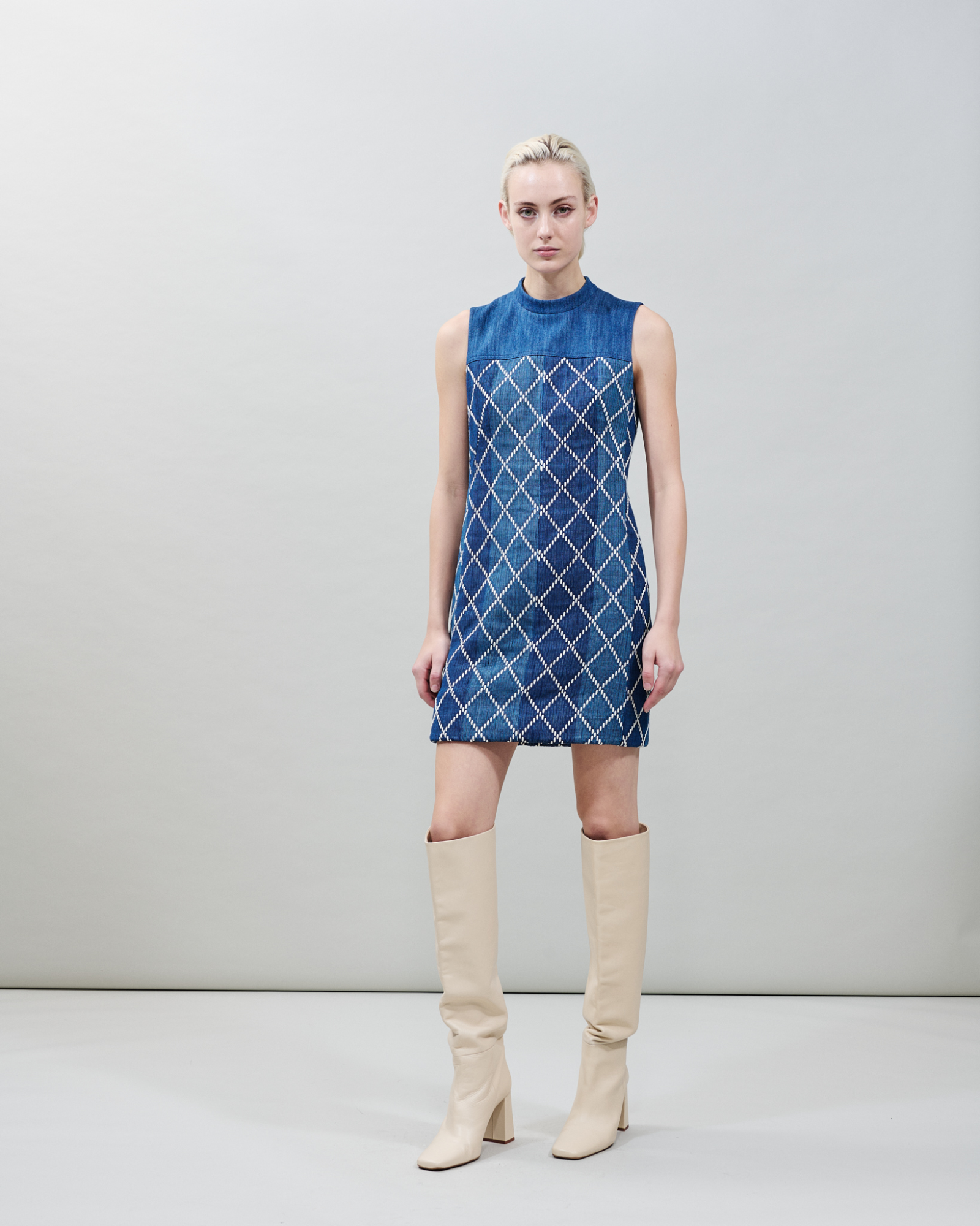 Designer Mini Cotton Sheath Dress with Diamond Jacquard - blue - multicolor 