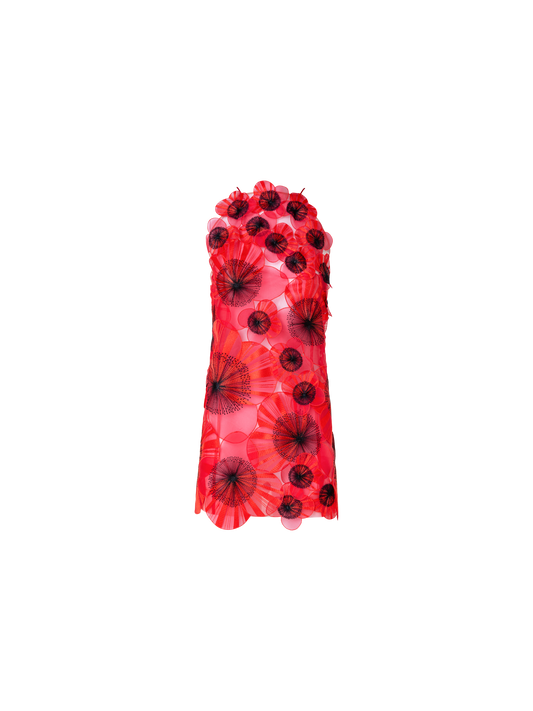 Designer Short Open Back Dress with Poppy Embroidery - red