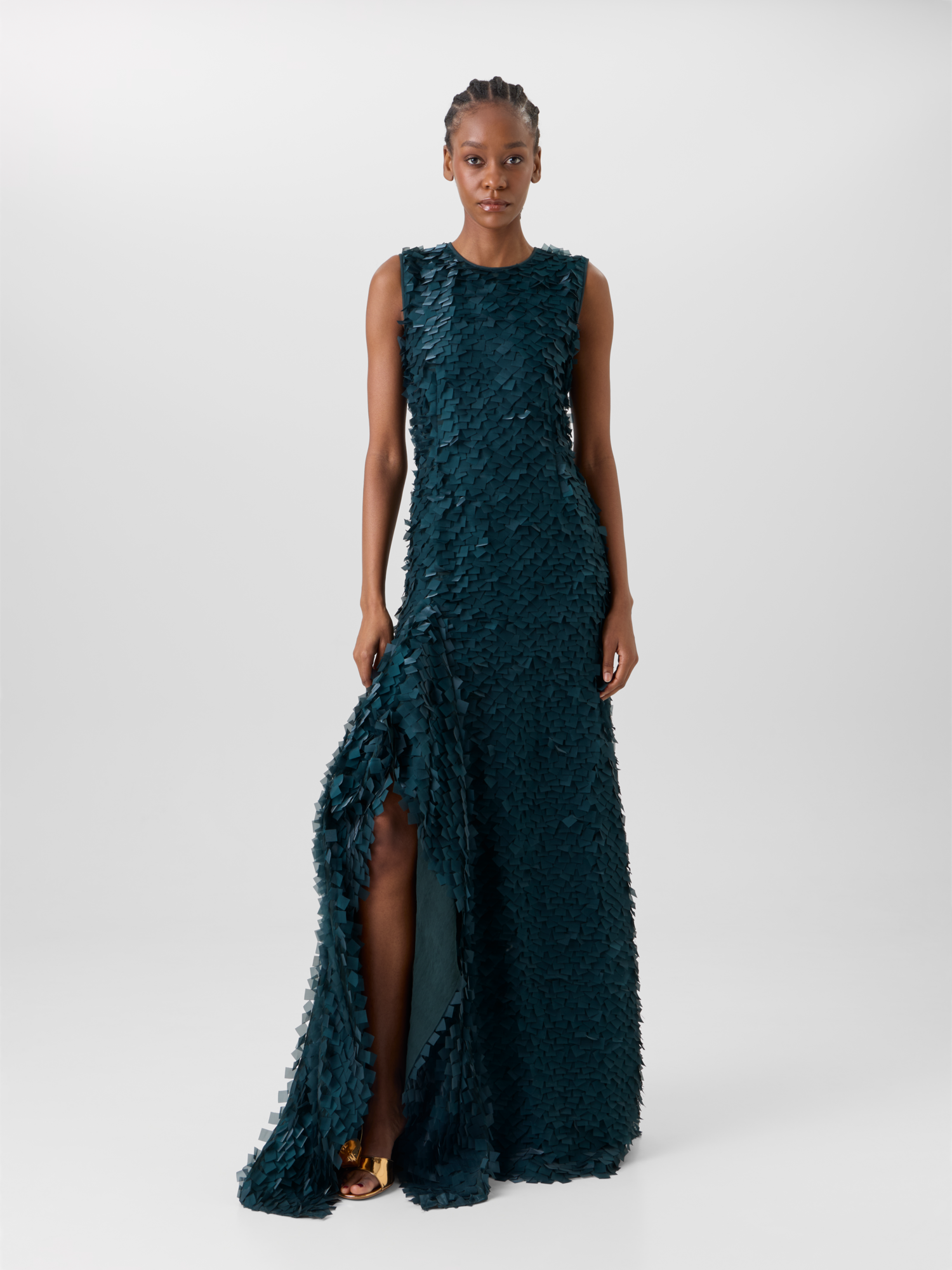Designer Asymmetrical Gown in Layered Organza Tiles - green 