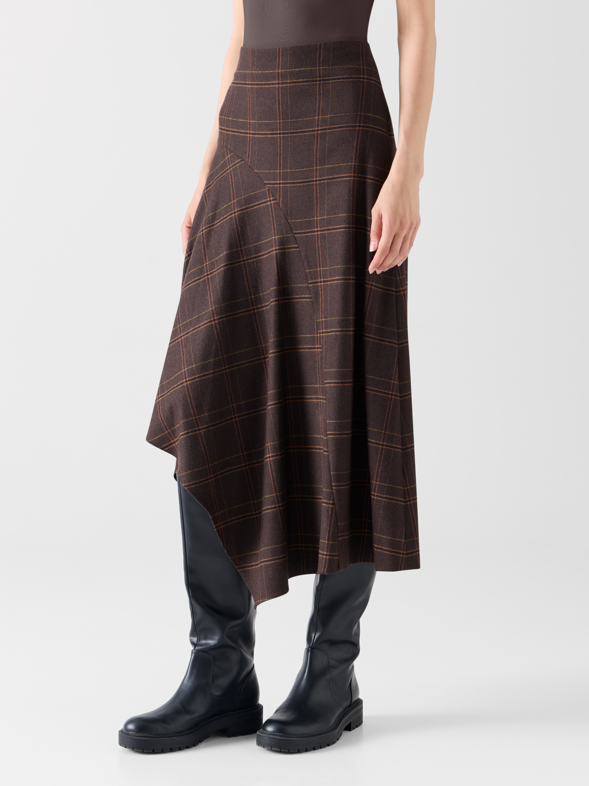 Designer Midi Skirt in Check Flannel with Handkerchief Hem - brown #editorial