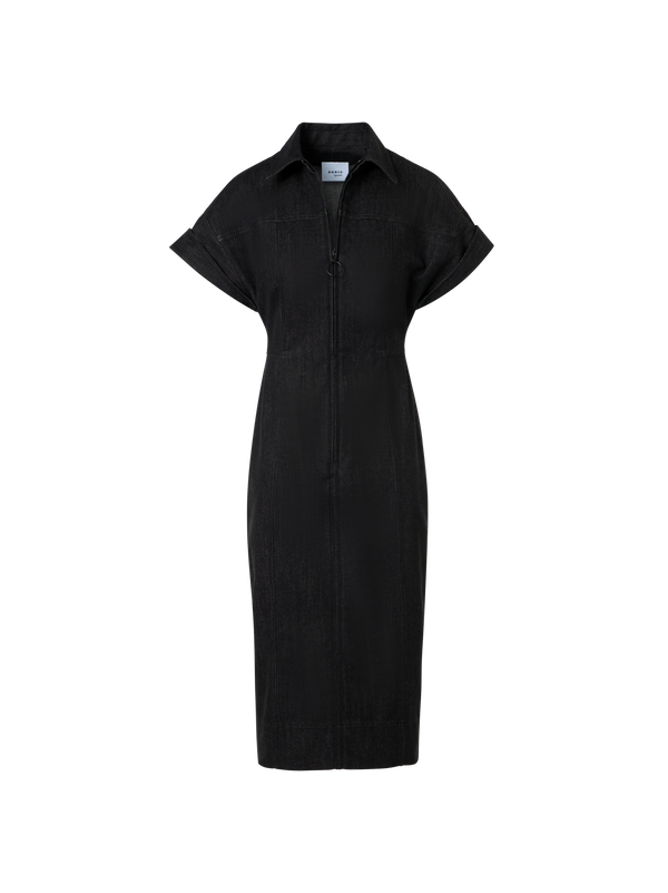Designer Fitted Cotton Stretch Denim Dress - black