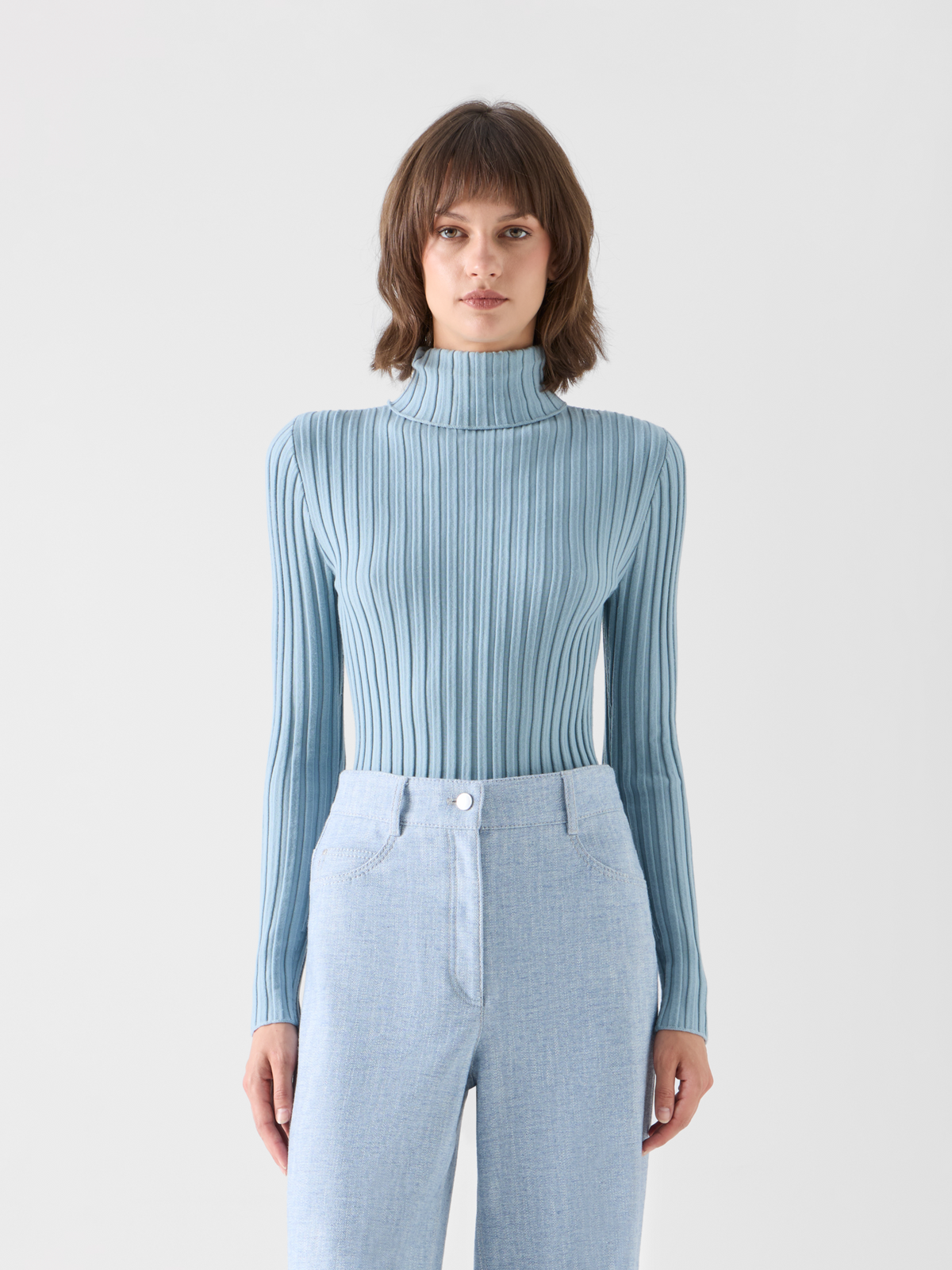 Designer Reversed Rib Merino Knit Turtleneck - blue 