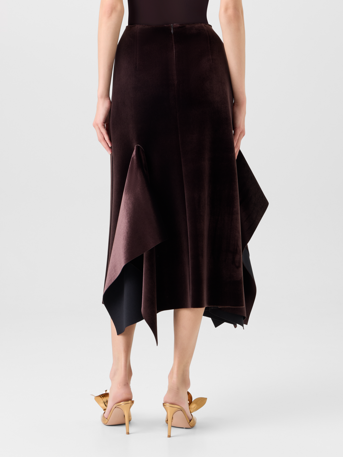 Designer Asymmetrical Velvet Neoprene Midi Skirt - wine 