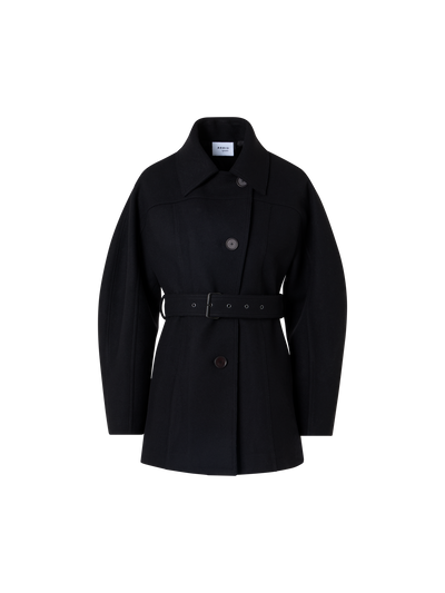 Designer Short Coat with Barrel Sleeves and Self-Belt - black