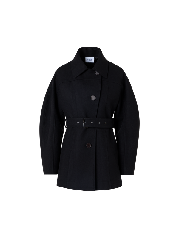 Designer Short Coat with Barrel Sleeves and Self-Belt - black