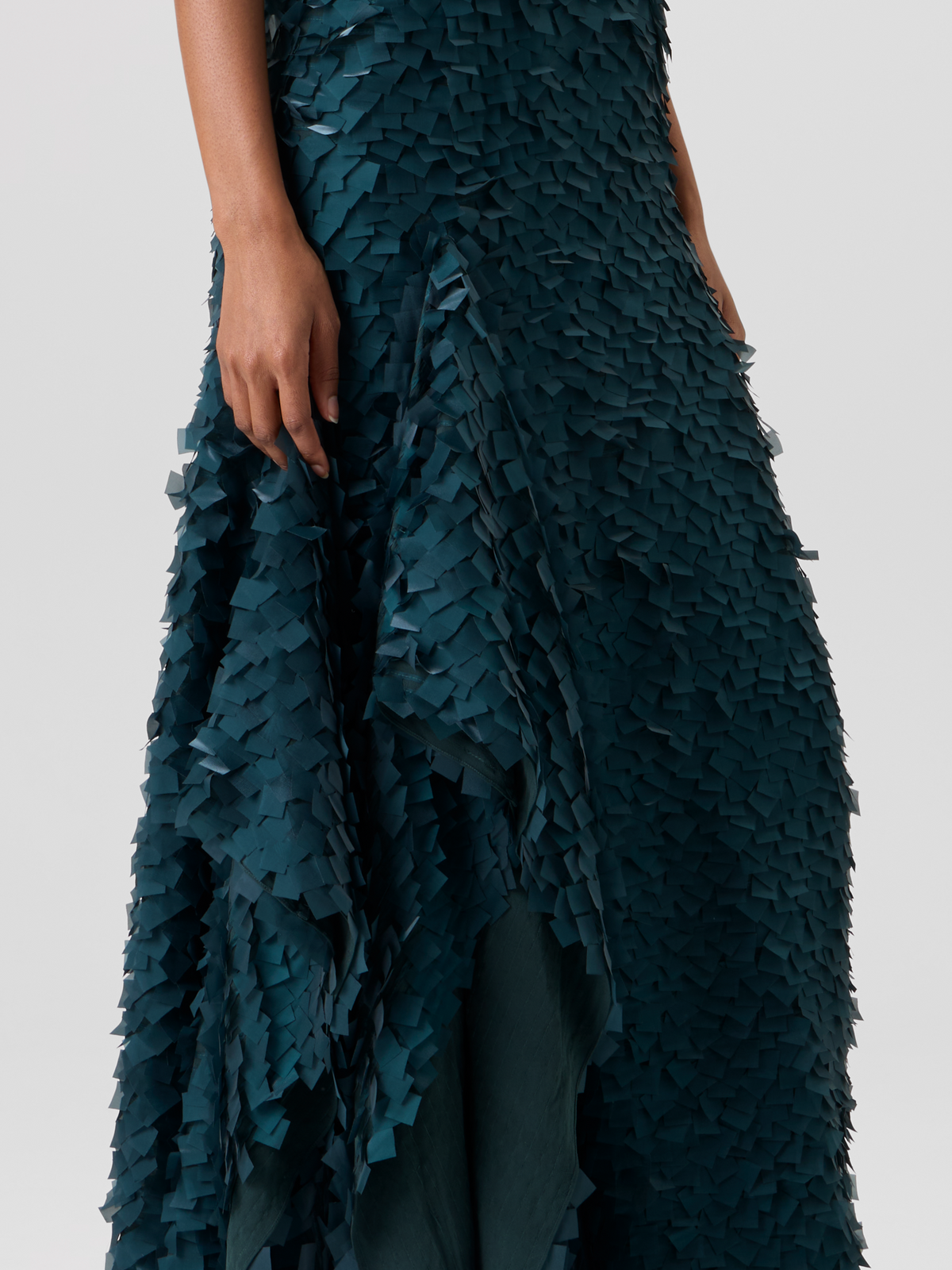 Designer Asymmetrical Gown in Layered Organza Tiles - green #editorial