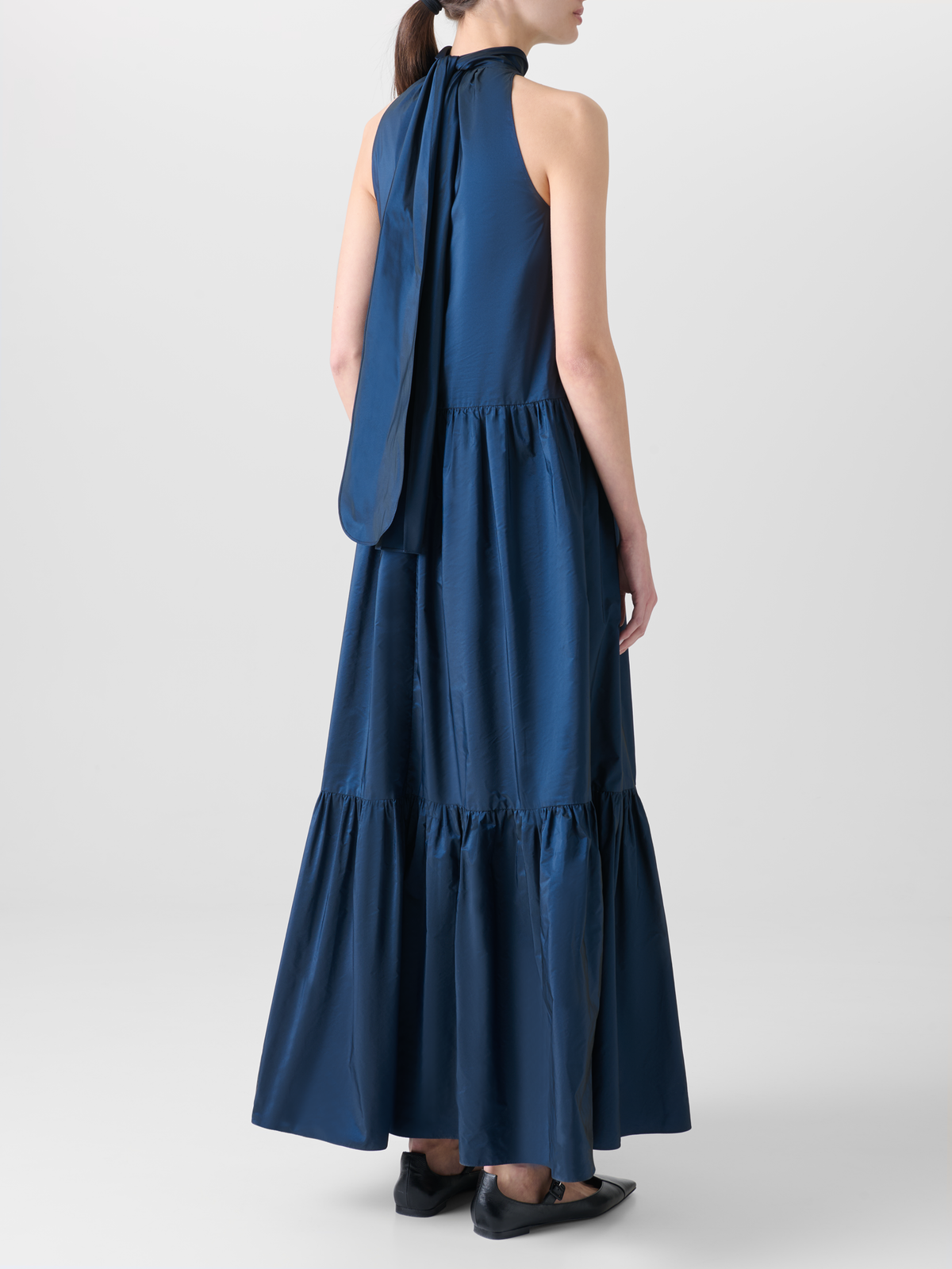 Designer Halter Maxi Dress in Tiered Techno Taffeta - neutral - navy - blue #editorial