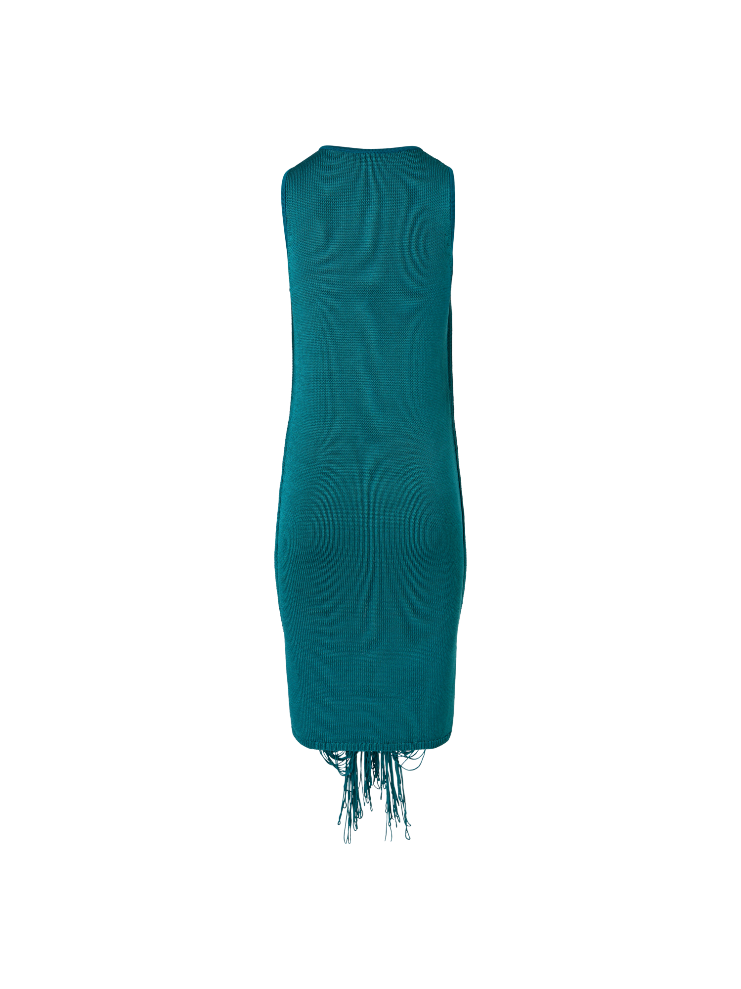 Designer Sleeveless Fringe Drape Knit Sheath Dress in Silk - green
