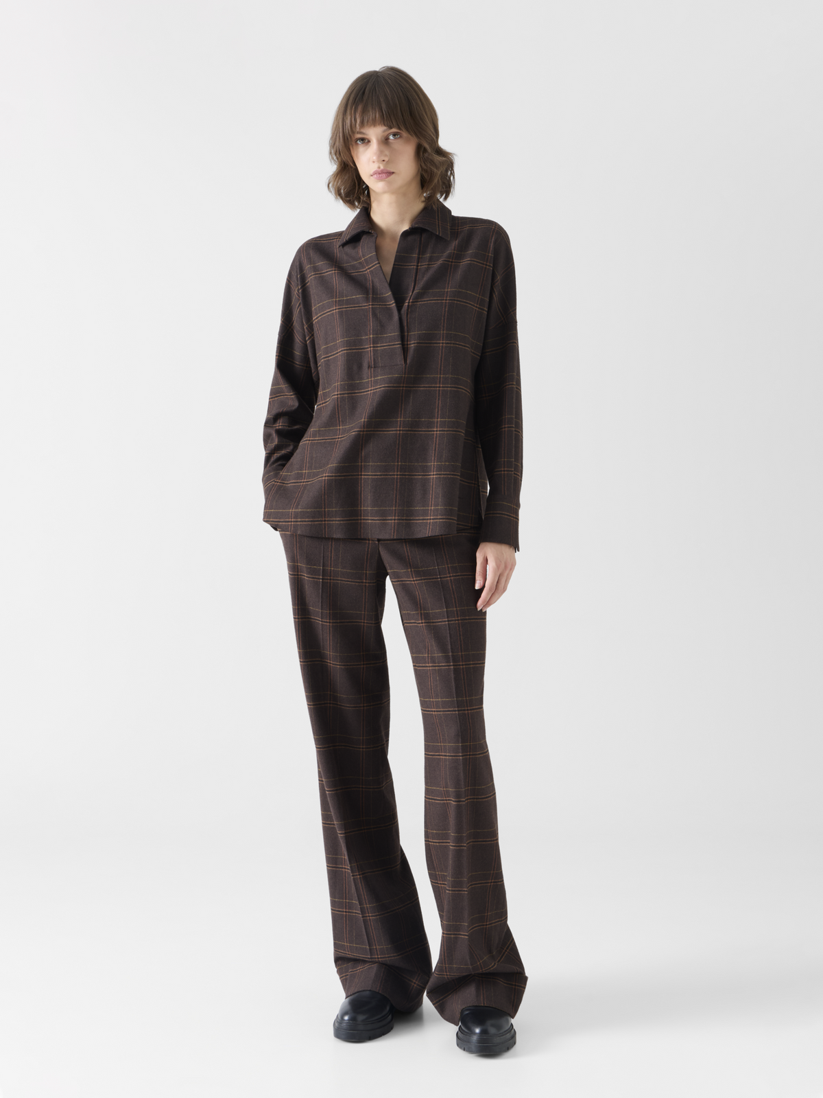 Designer Boxy Check Blouse in Flannel - brown #editorial