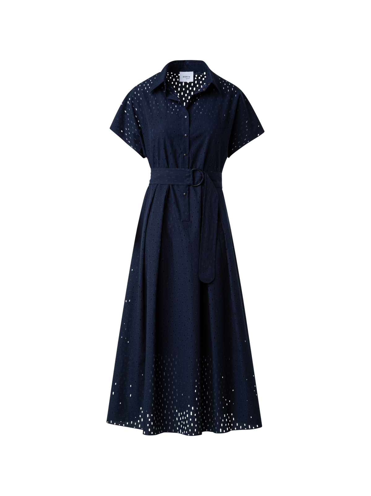 Designer A-Line Flare Cotton Lasercut Grid Midi Dress - navy