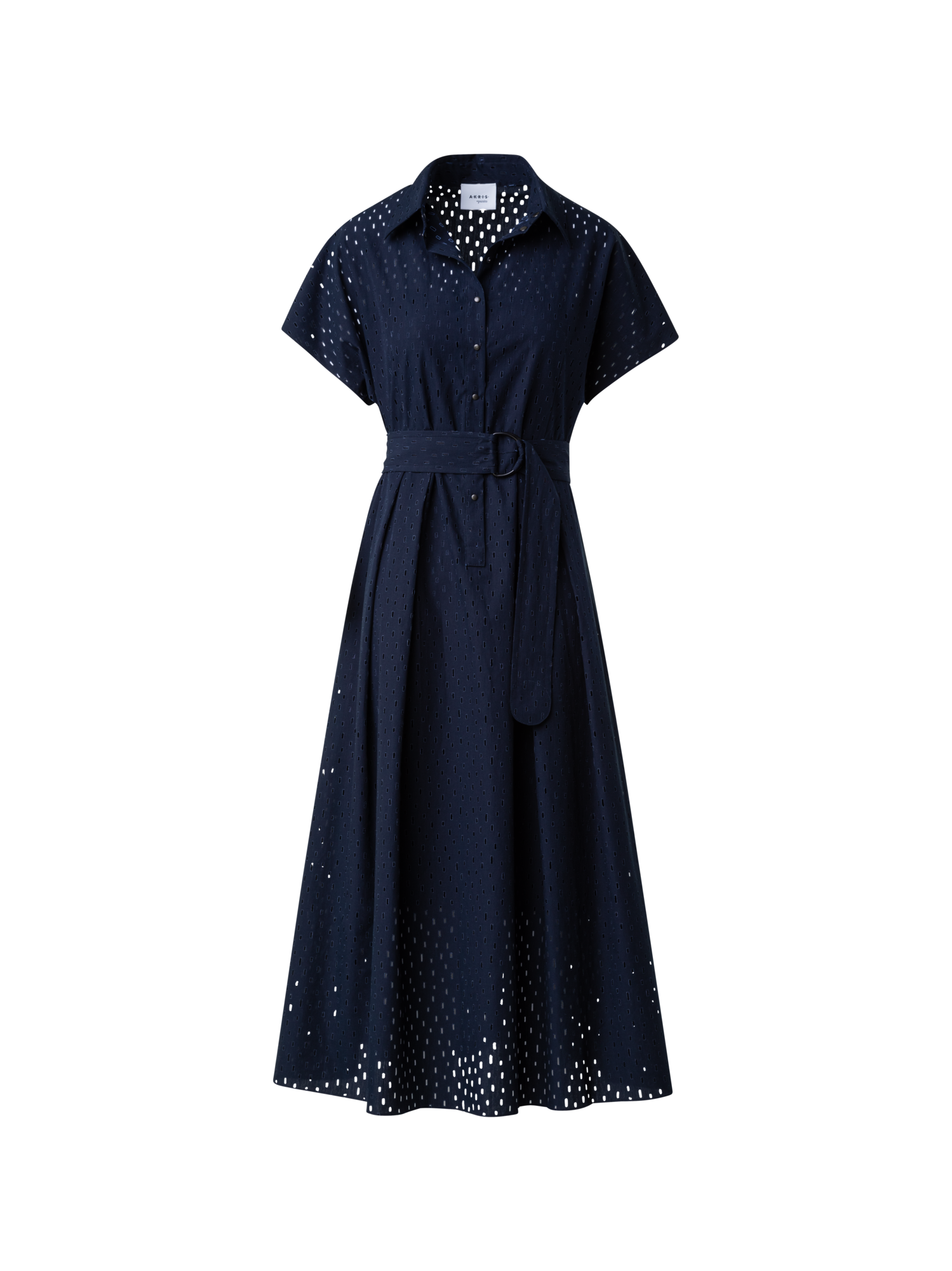 Designer A-Line Flare Cotton Lasercut Grid Midi Dress - navy