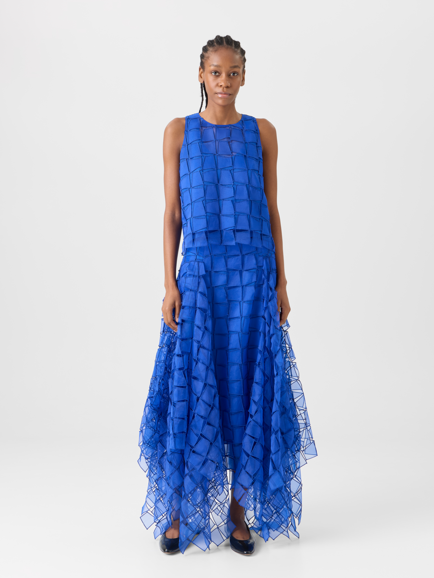Designer Maxi Skirt with Tapezoid Organza Embroidery - blue 