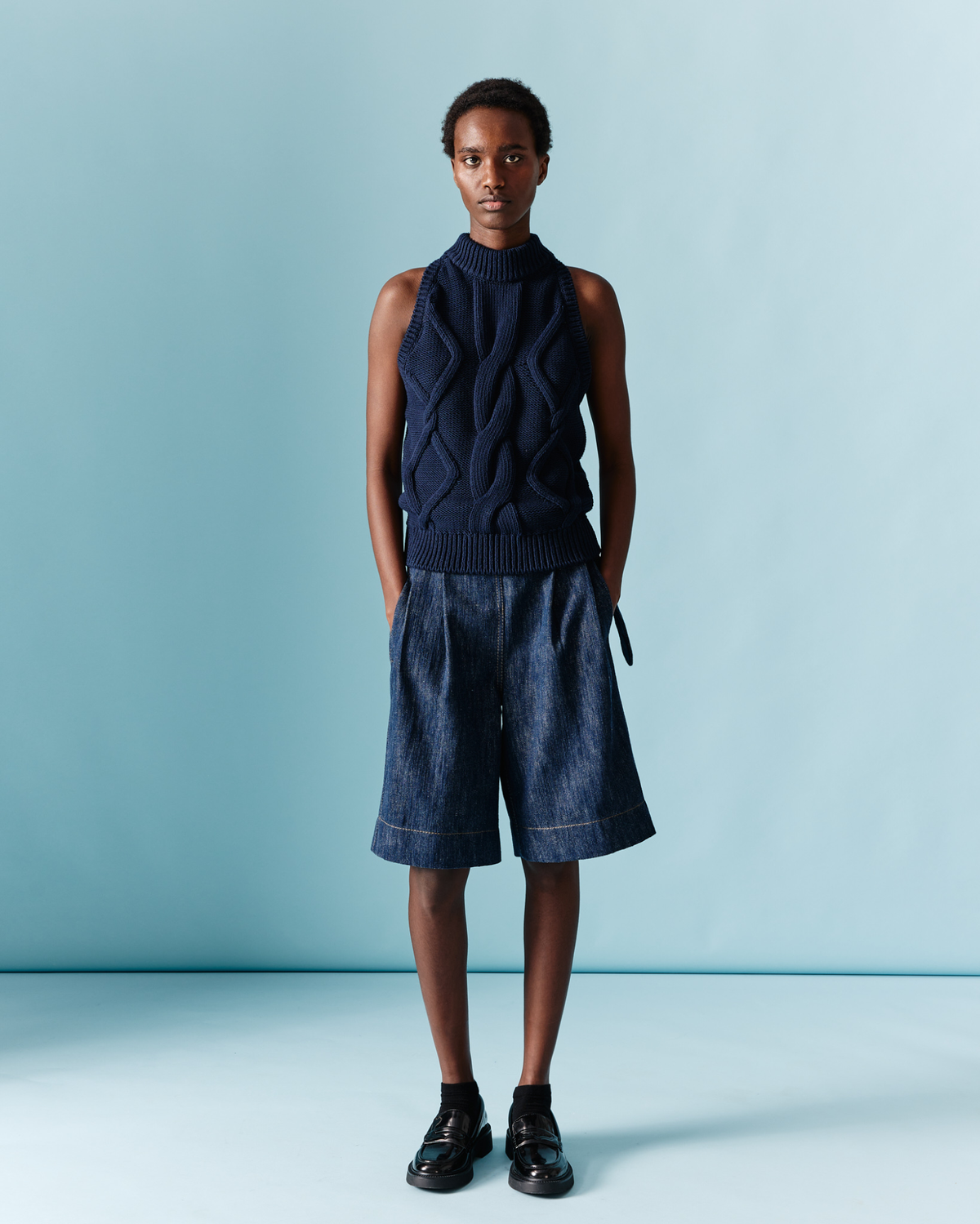 Designer Wide Cotton Wool Denim Bermuda Shorts - navy - blue #editorial