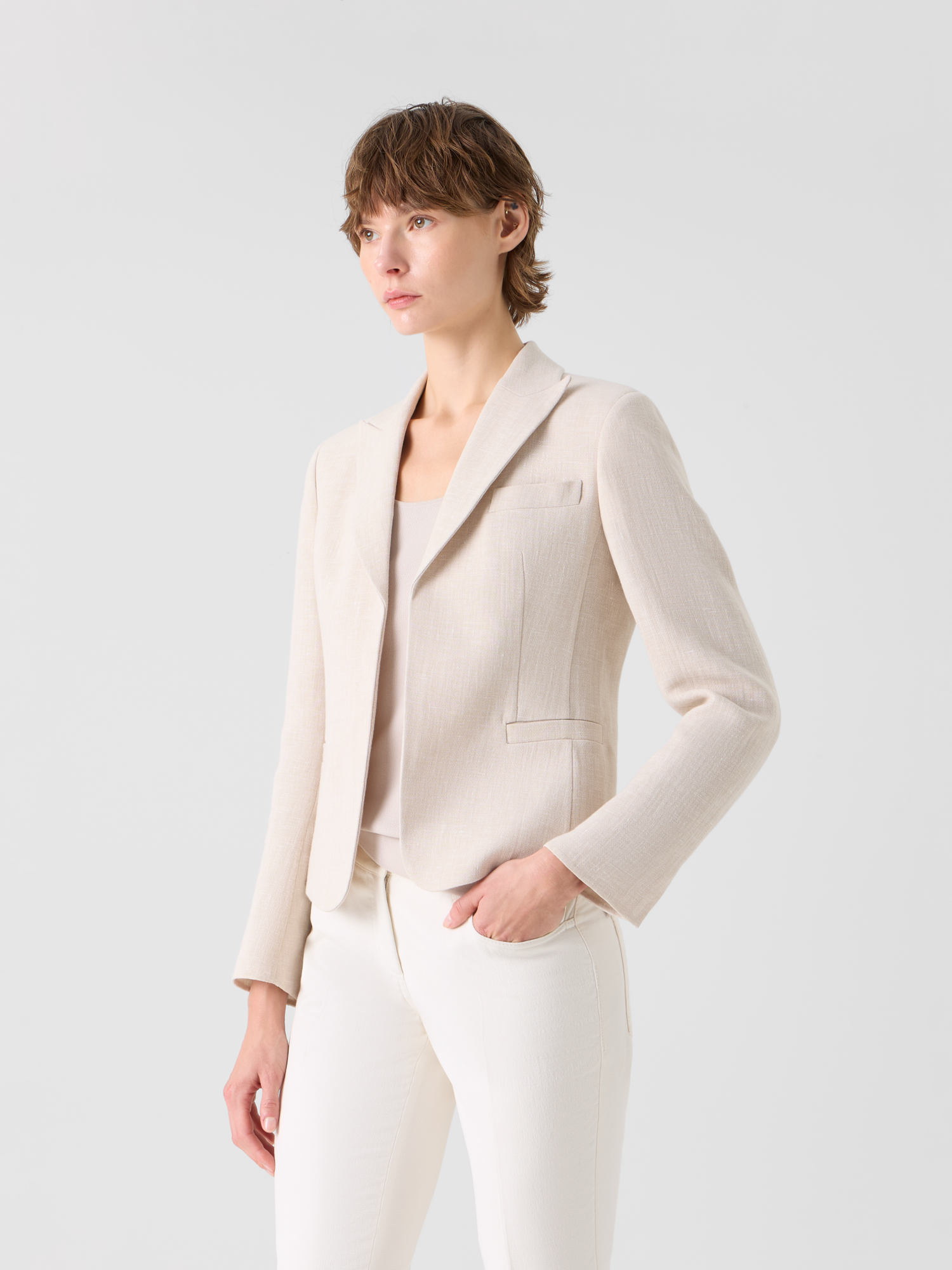 Designer Deneuve Short Fitted Jacket in Linen Wool Double-Face - neutral - beige