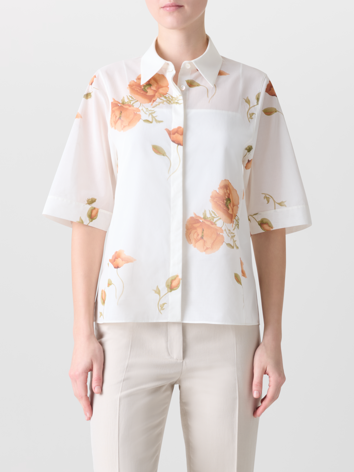 Designer Boxy Cotton Blouse with Anemone Print - neutral - pastel - multicolor - ecru - white