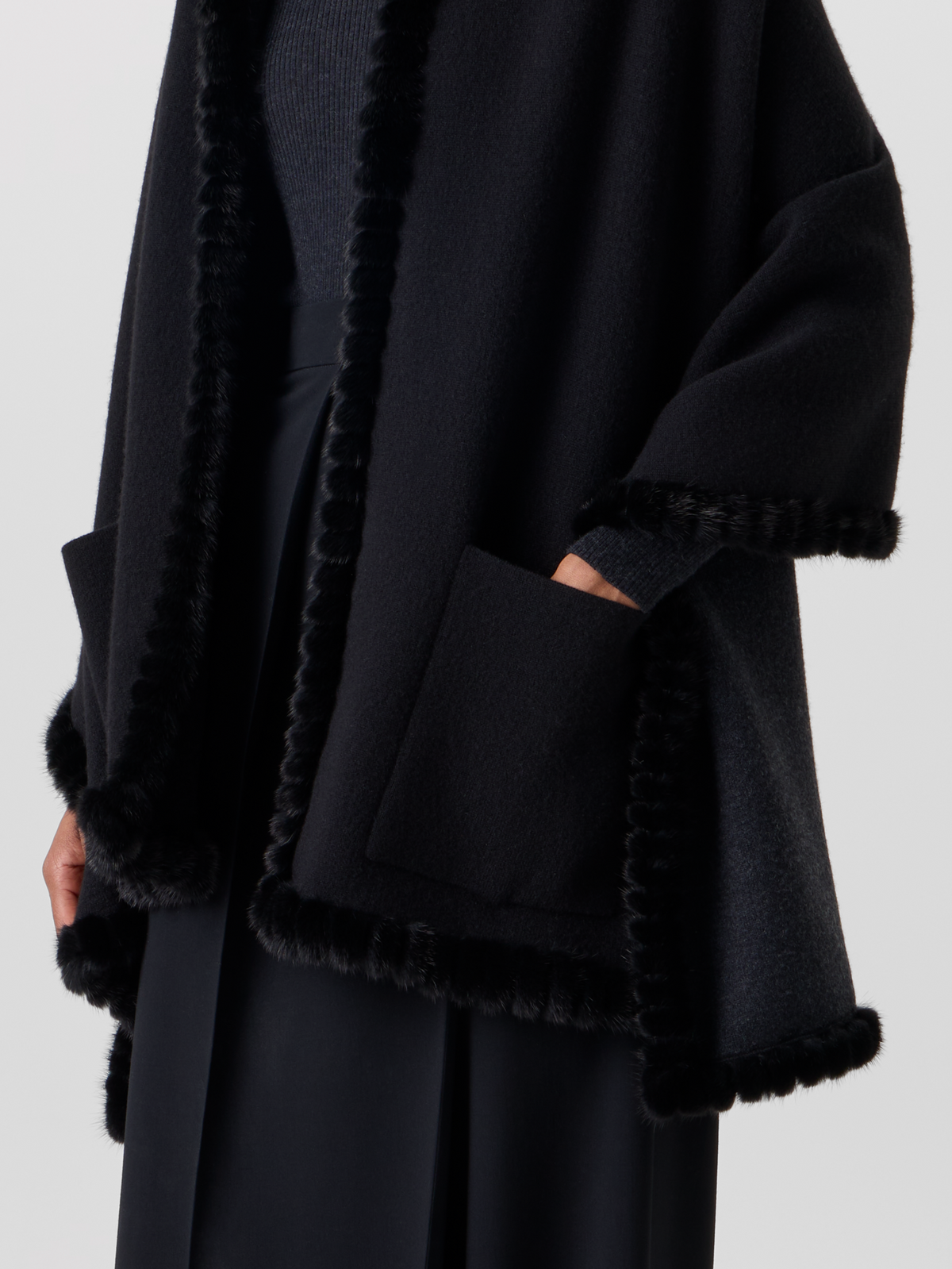 Designer Reversible Hooded Cashmere Cape with Mink Trim - grey - black #editorial