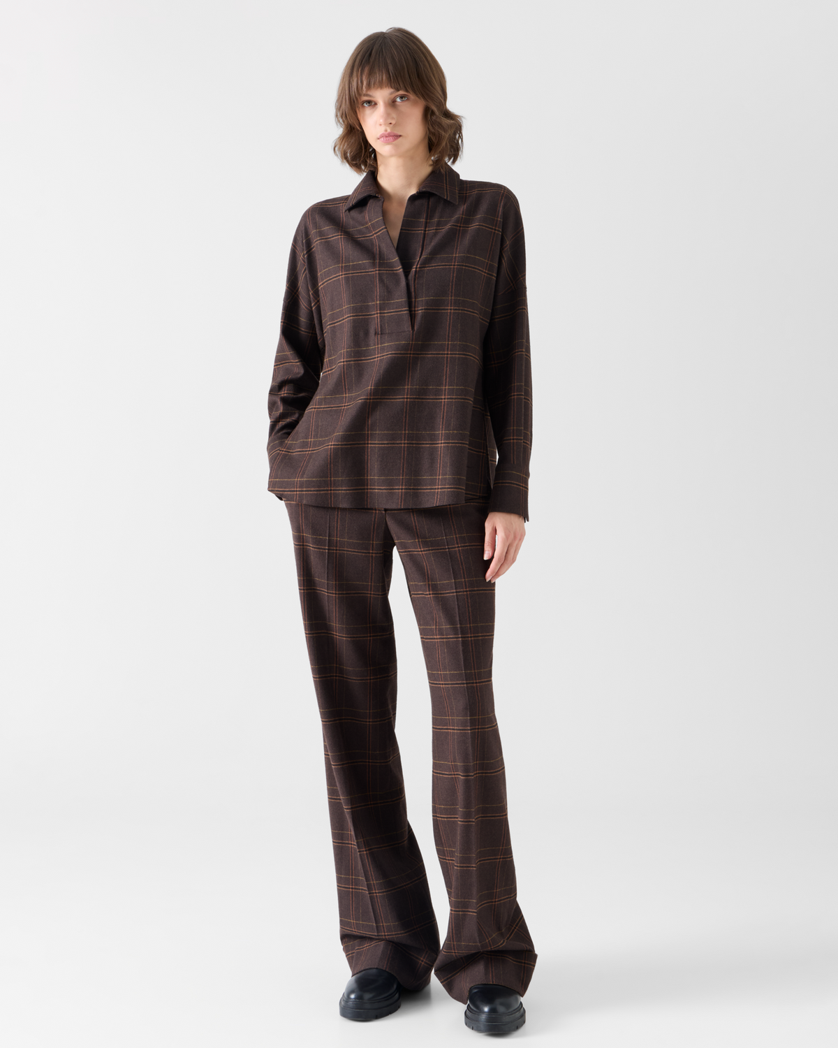 Designer Wide Leg Check Flannel Pants - brown #editorial