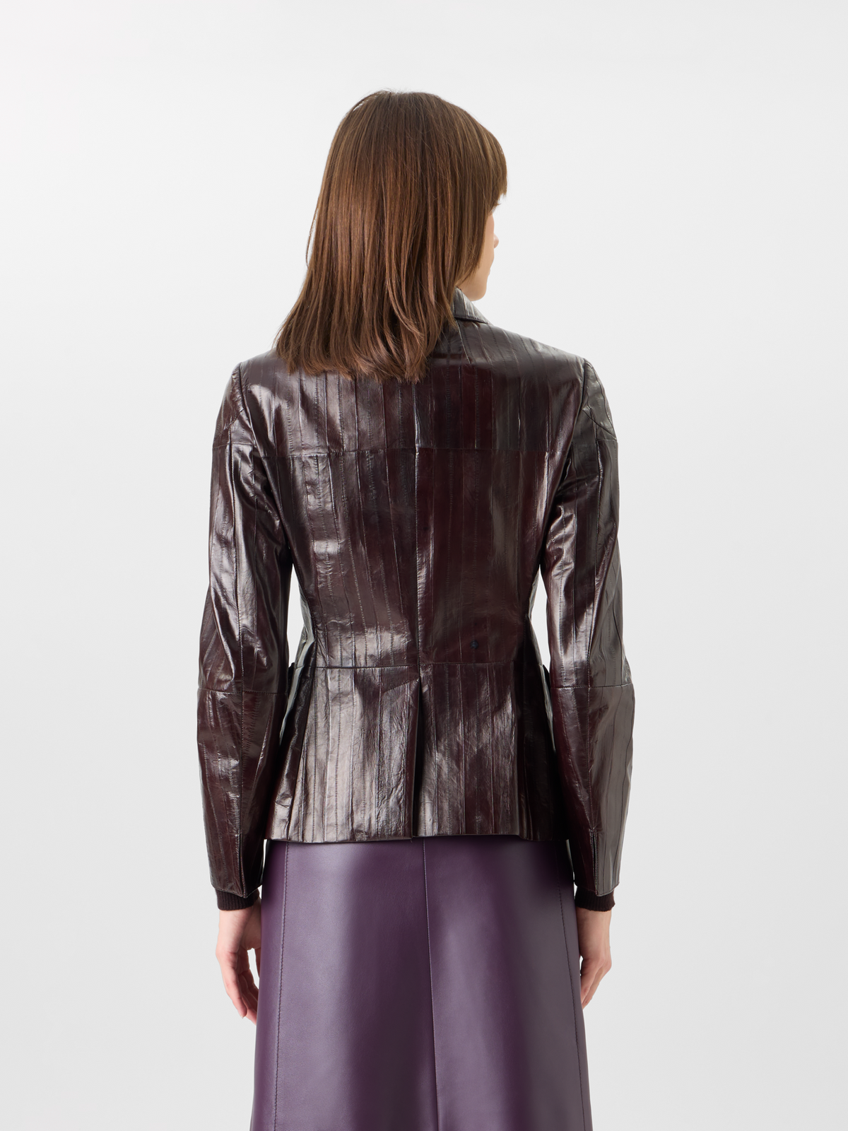 Designer Fitted Lacquered Eel Leather Jacket - brown 