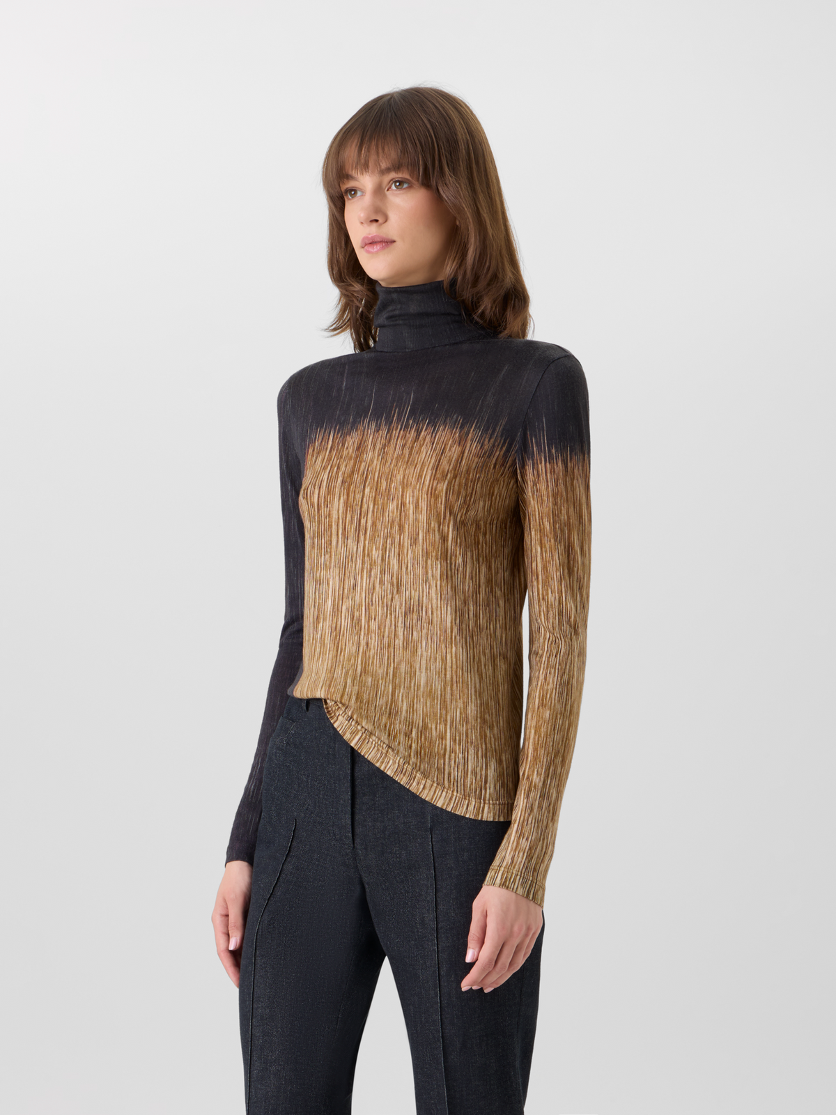 Designer Cashmere Silk Shirt in Oro Lienzo Print - multicolor - black - brown 