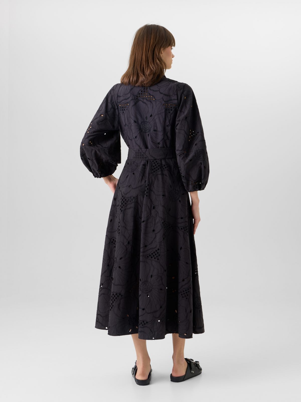 Designer Fit-and-Flare Flower Eyelet Midi Dress - black #editorial
