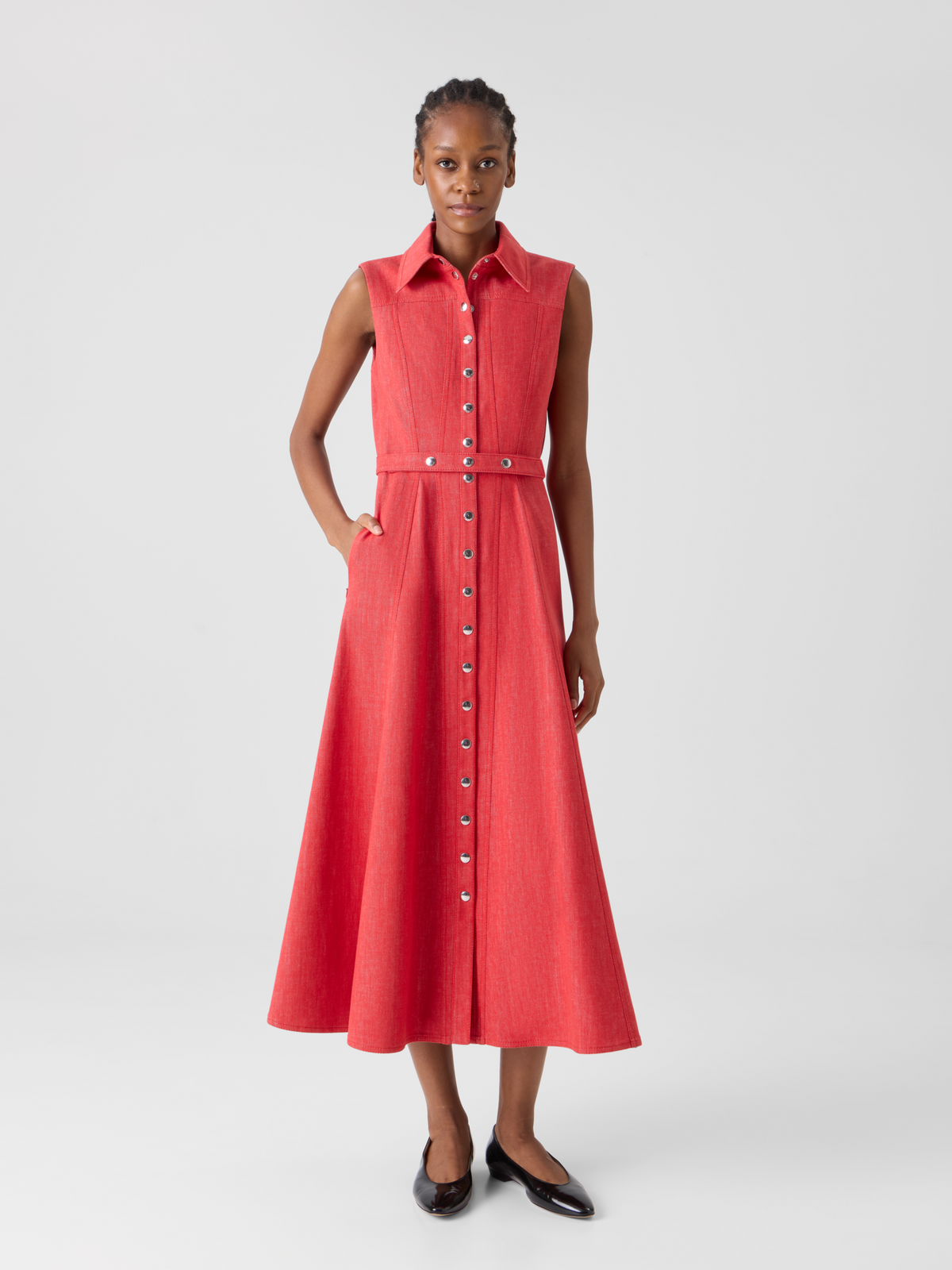 Designer Fit and Flare Denim Midi Dress - red