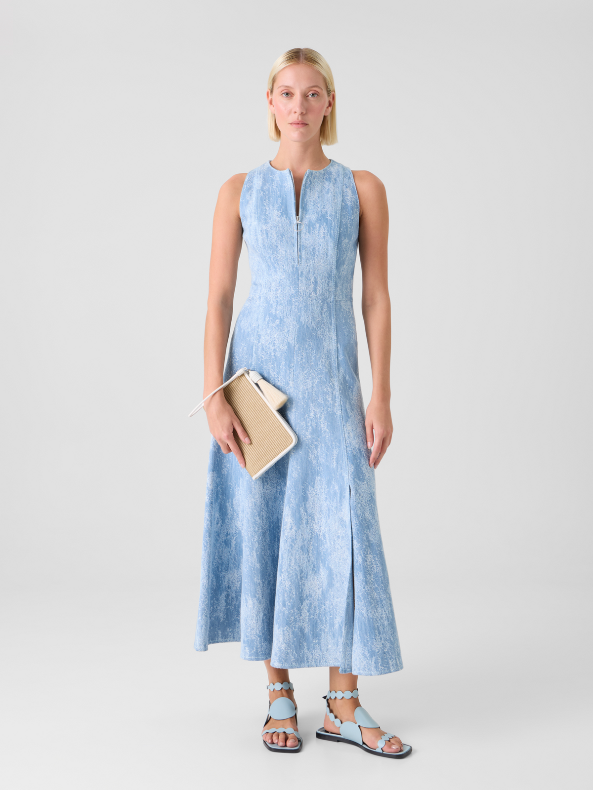 Designer Fit-and-Flare Jacquard Denim Midi Dress - blue