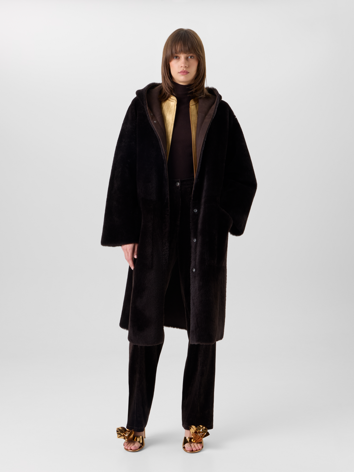 Designer Reversible Oversize Hooded Shearling Coat - brown #editorial