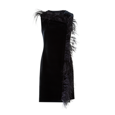 Short Velvet Neoprene Dress with Feather Trim