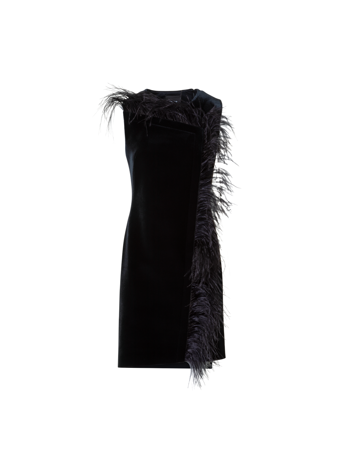 Designer Short Velvet Neoprene Dress with Feather Trim - black - neutral