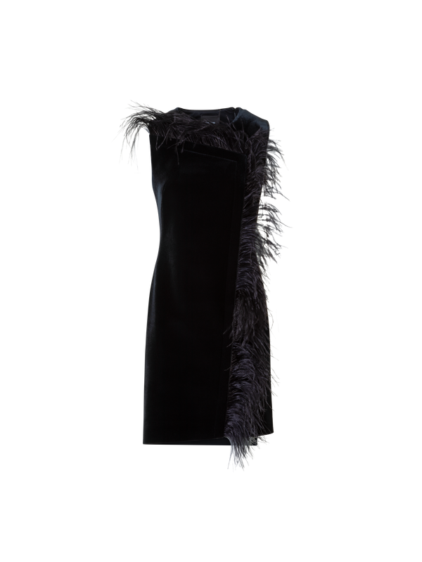 Designer Short Velvet Neoprene Dress with Feather Trim - black - neutral