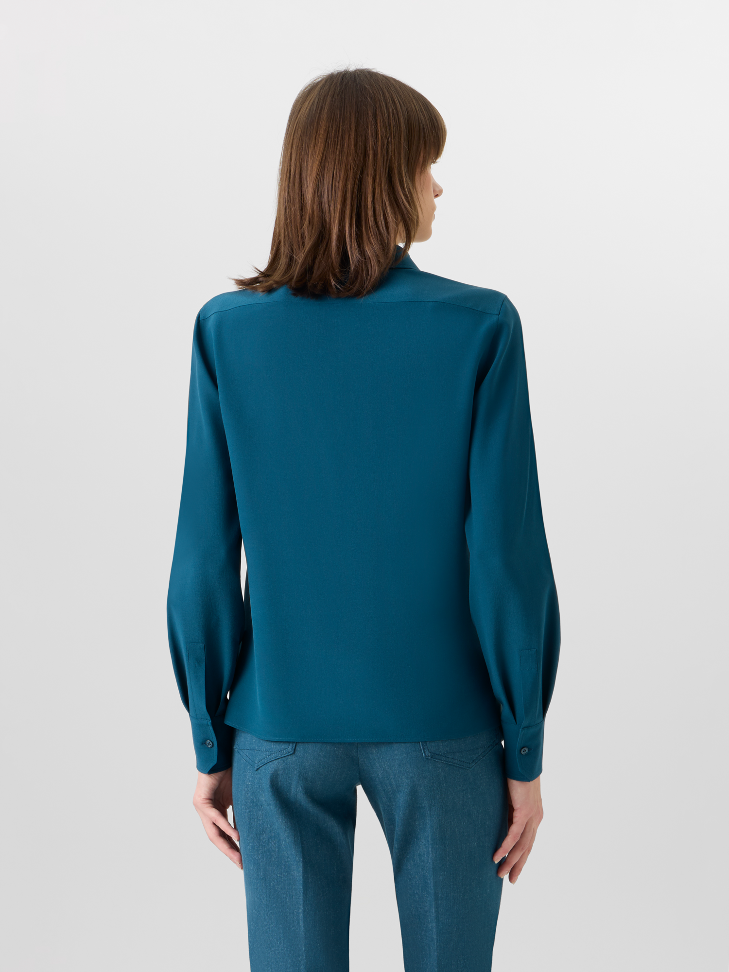 Designer Long-Sleeve Silk Crêpe Tunic Blouse - blue 