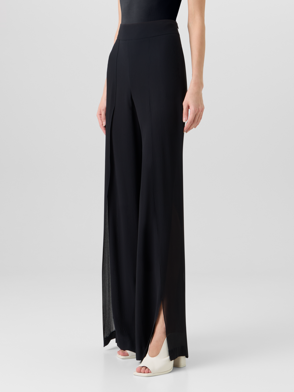 Designer Fellia Wide-Flared-Leg Pants in Silk Georgette - black #editorial