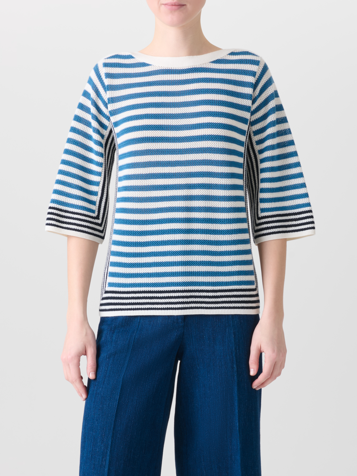 Designer Striped Volume-Sleeve Sweater in Merino Wool - blue - multicolor #editorial
