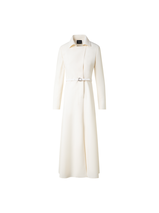 Designer Belted Midi Dress in Wool Double-Face - ecru - white