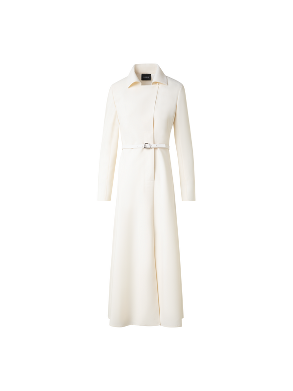 Designer Belted Midi Dress in Wool Double-Face - ecru - white