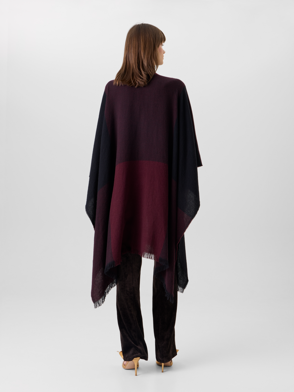 Designer Wool Cashmere Check Cape Scarf - red - wine 